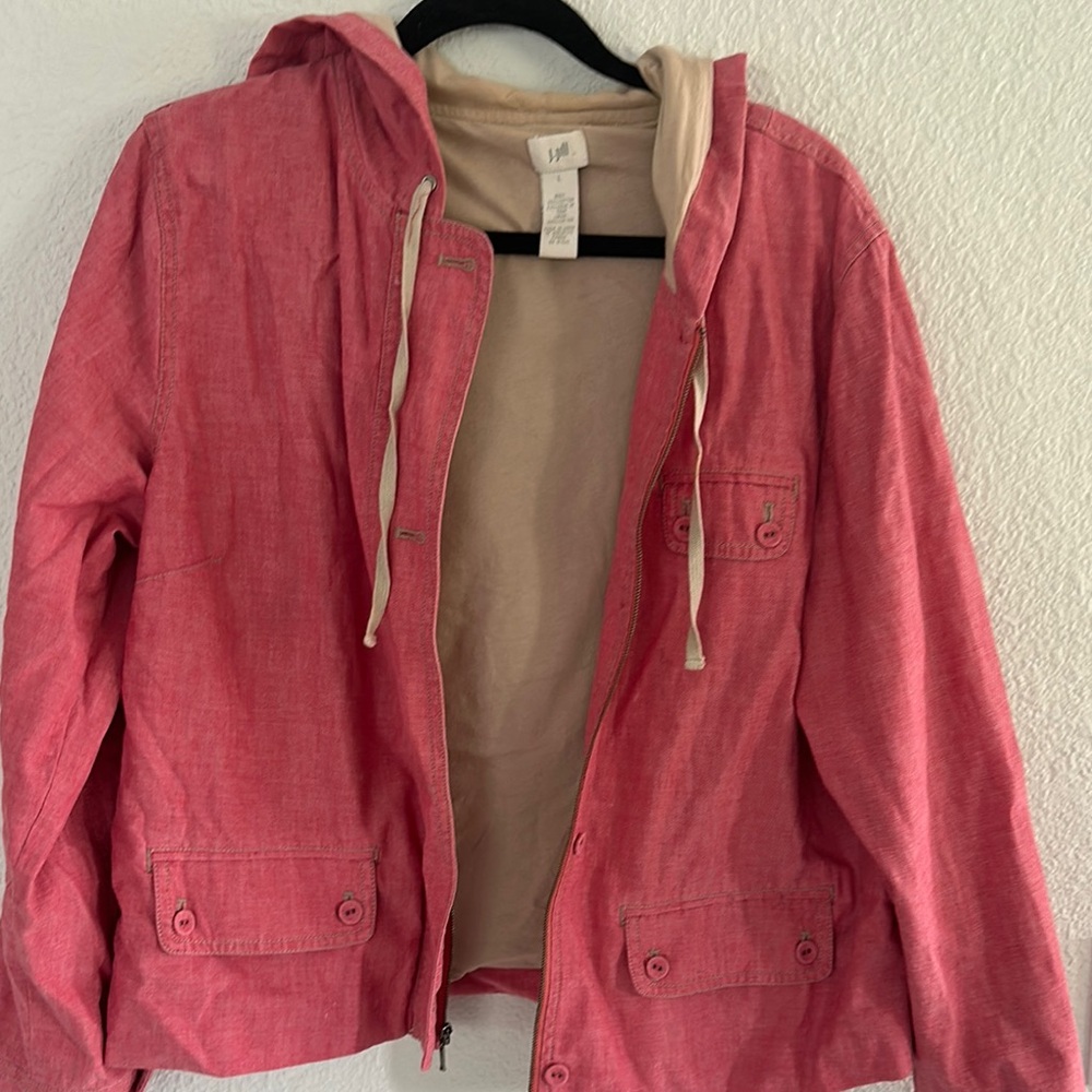 Light Red Hooded spring Jacket with button pockets.